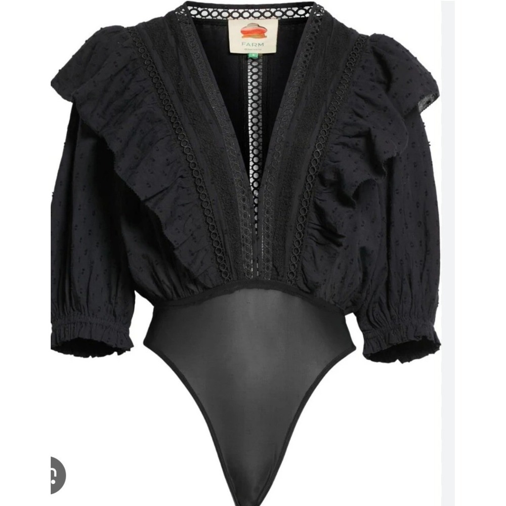 FARM Rio Black Lace-Trim Puff-Sleeve Bodysuit - Picture 2 of 10